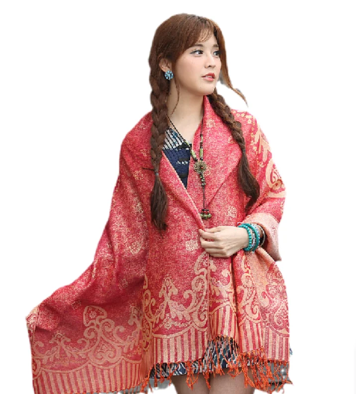 Vintage Retro Tassel Shawl With Golden Line Oversize Jacquard Wrap Scarf Manufacturer Wholesale