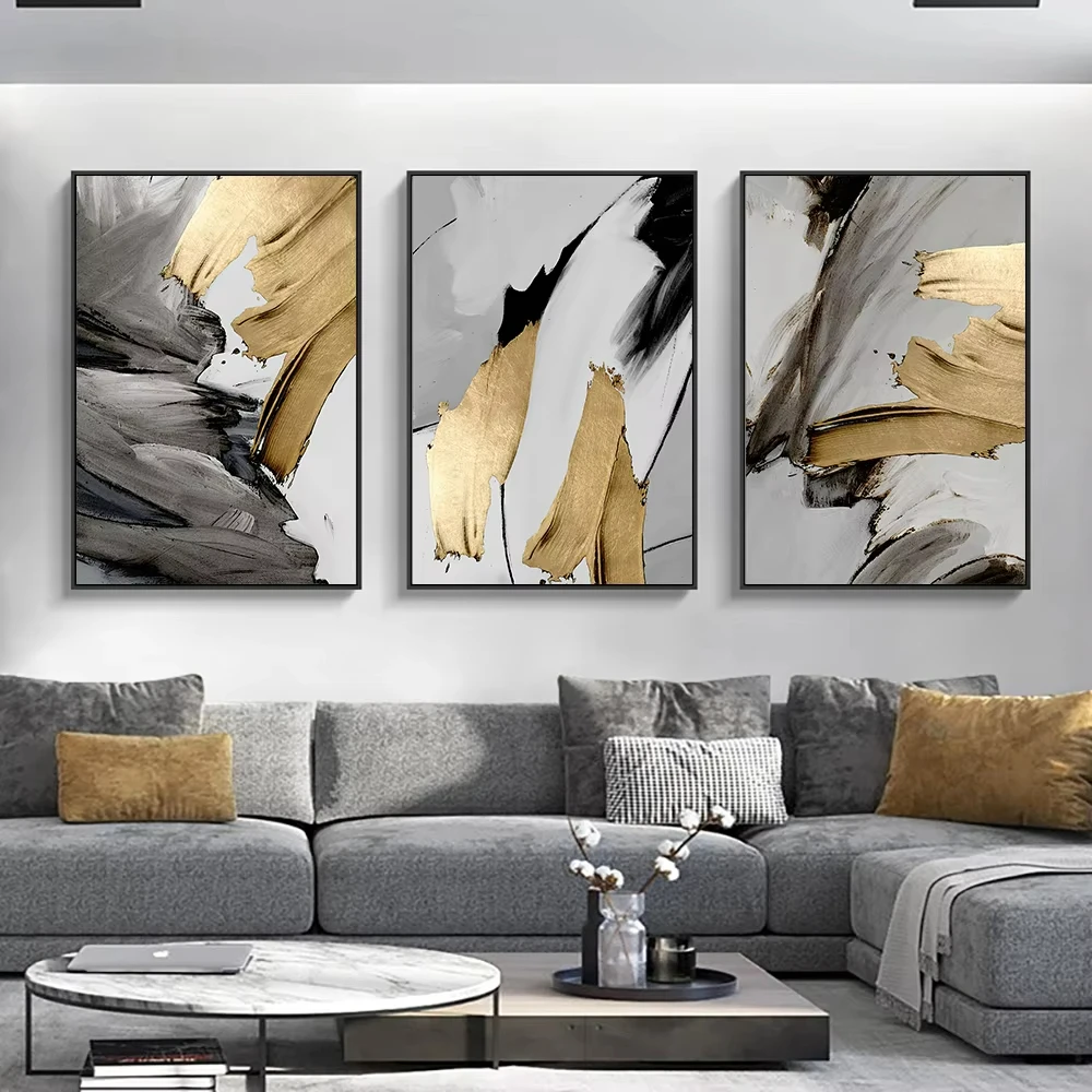 Luxury Abstract Gray Golden Painting Living Room Home Office Decor Wall Art Canvas Prints Pictures