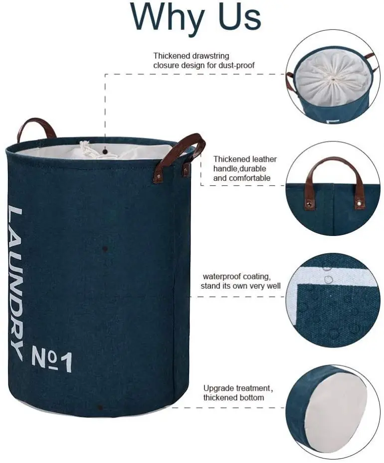 Large Laundry Hampers Removable Laundry Basket Foldable Fabric Laundry Basket Drawstring Waterproof Round Cotton Linen