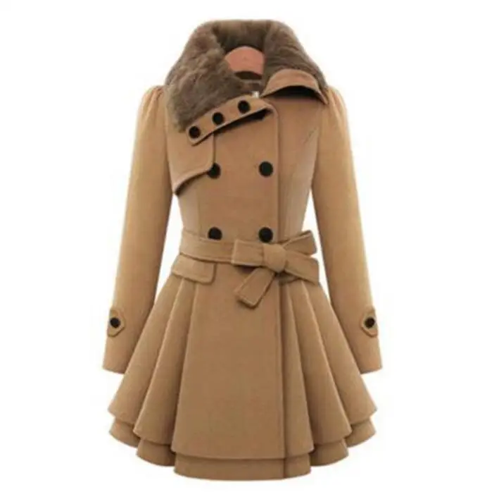 WIIPU Women Wool Coat Vintage England Woolen Blends Thin Winter Warm Plus Size Overcoats Faux Fur Collar Fashion Coats