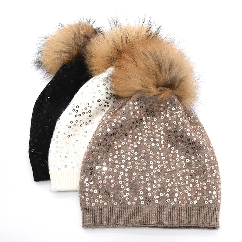 KAZUFUR High quality Custom Sequins Knitting Beanie Hat Fur Pom Pom Knit Beanie Hats