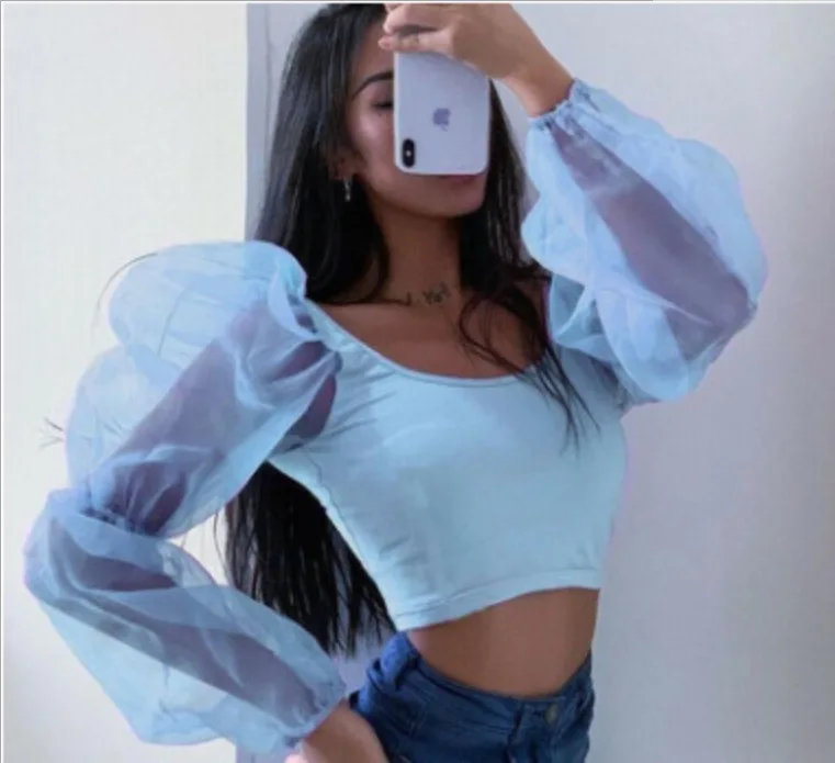 
2021 long puffed sleeves ladies crop top summer blouse women designer white V neck backless women clothing 