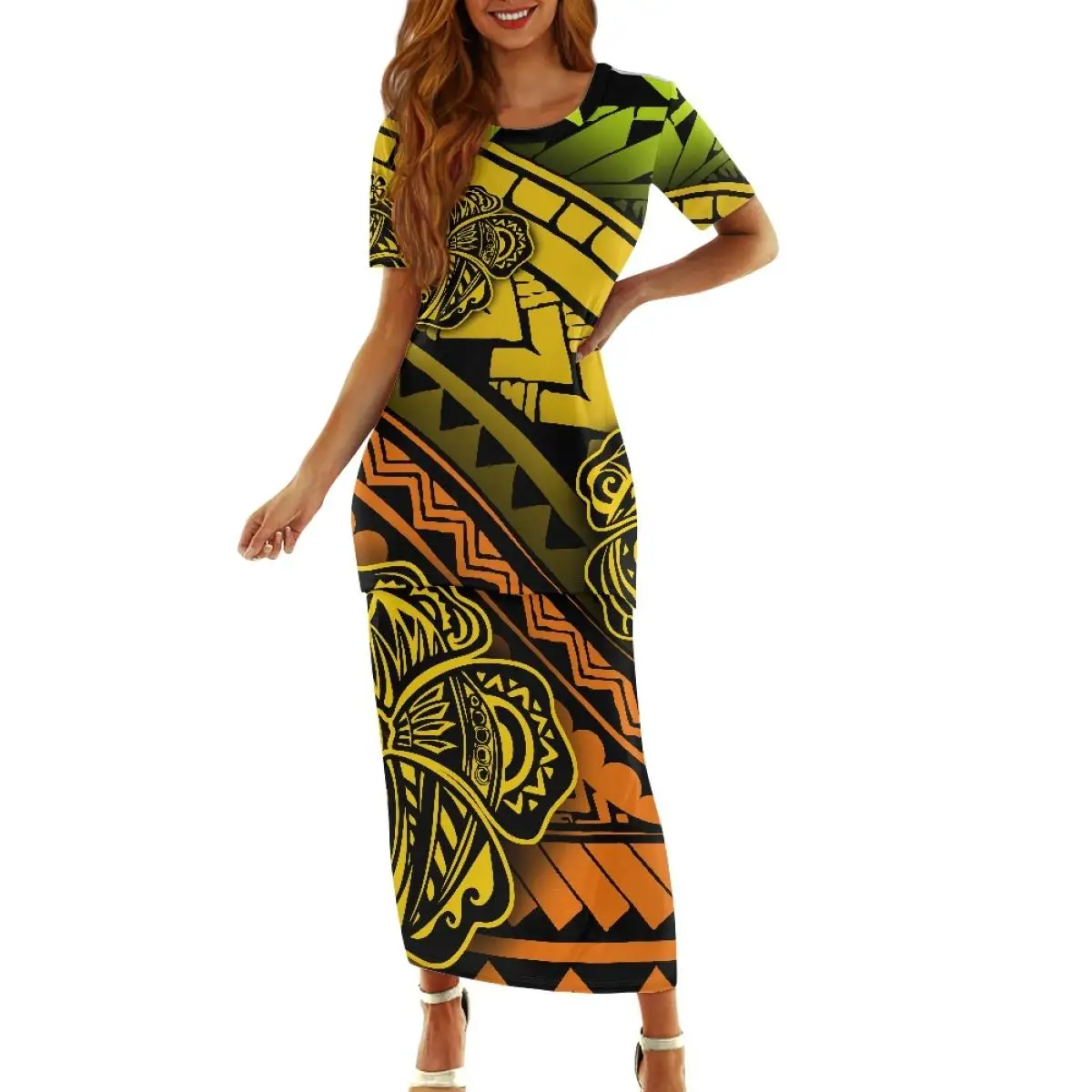 Hawaiian Tropical Plant Palm Leaf Hibiscus Flower Pattern Exclusive Dress Cheap Wholesale Sexy Dress Island Long Skirt Custom