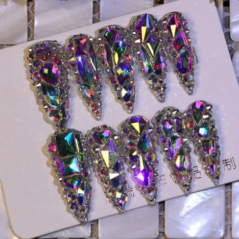 Bling Rhinestone Handmade False Custom Logo Red Acrylic Press On Nails Medium Length