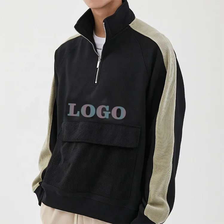 wholesale custom logo pockets design heavy weight hoodies zip fly crew neck men patchwork reflective corduroy sweatshirt