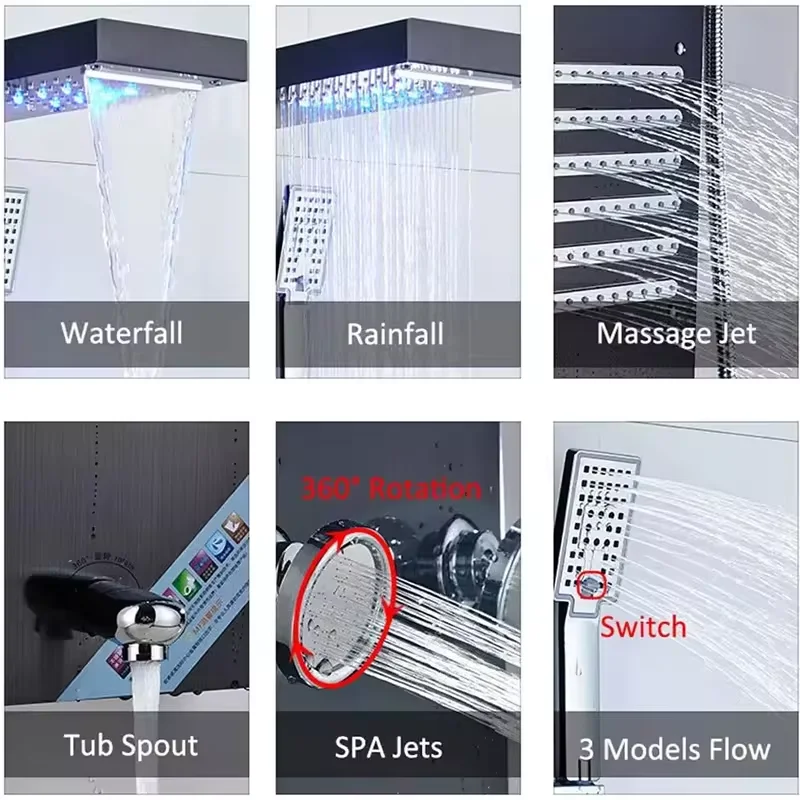 LZ Hwa.Vic Shower Panel bathroom wall mounted stainless steel Waterfall shower column set tower Body Jet led Shower Panel system