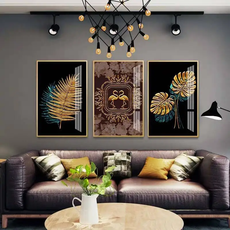 Custom design gold leaves picture wall glass european abstract crystal porcelain painting