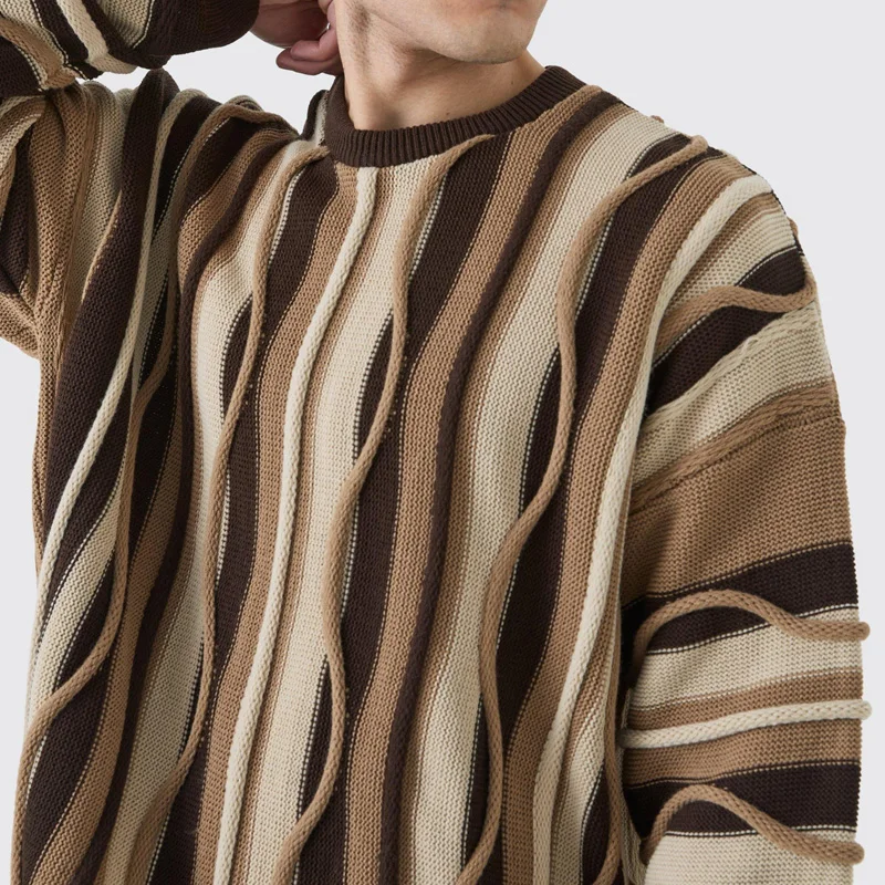 Factory wholesale custom knitwear oversized 3d jacquard knitted jumper crew neck long sleeves pullover knit sweater men