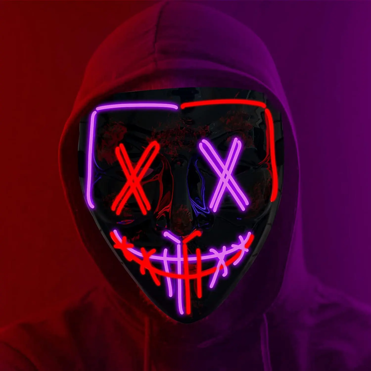 Halloween Mask, 2 Color Purge LED Light Up Mask for Adult Men Women Kids, Scary Glow Mask with 4 Lighting Mode