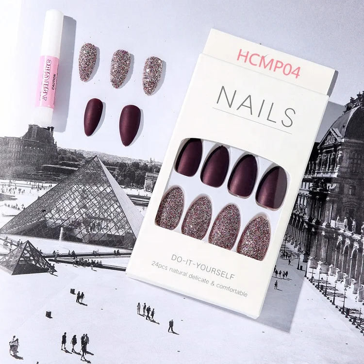 High Quality Almond tip Coffin Solid Color Glitter nail press on stick on nails acrylic