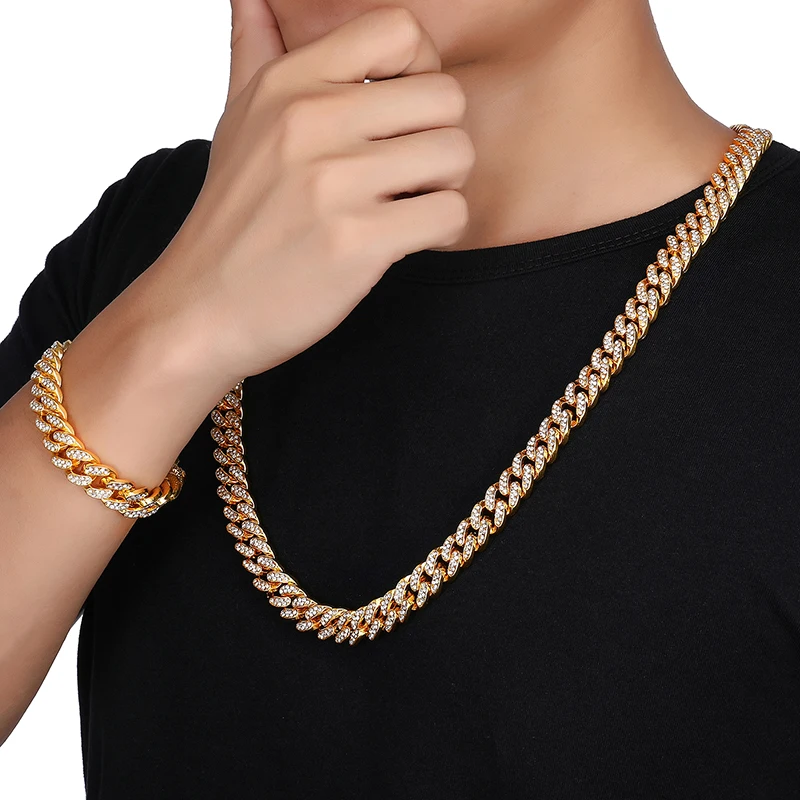 Hip Hops Iced Out 12MM 18K Real Gold Plated Miami Cuban Link Chain Necklace Micro Pave Cubic Zirconia