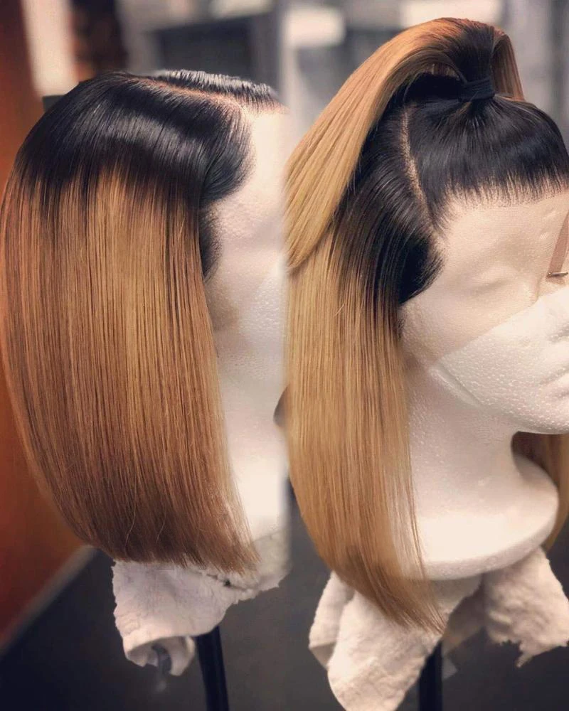 
Human Hair Lace Front Bob Ombre Wig Glueless T Part Deep Middle Part Pre Plucked Straight Short Bob wigs for women 
