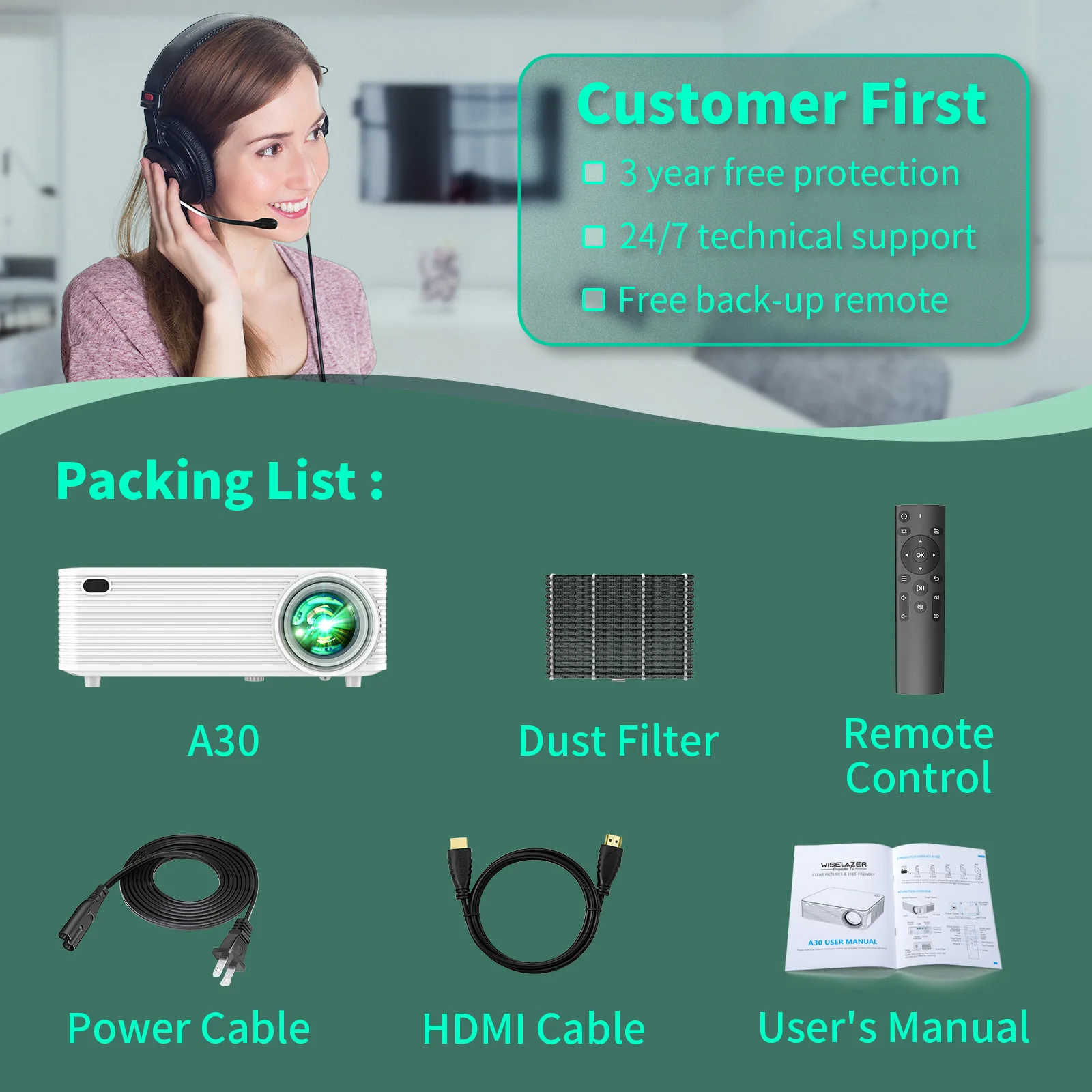 A30 Full HD 1080P LED Portable Projector Wireless Home Theater 3D LCD Video Mobile 4k Mini Projector