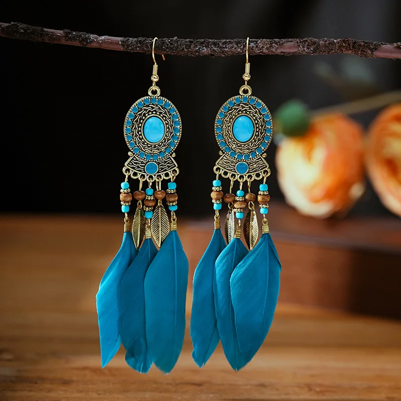 Classic Feather Wooden Bead Jewelry Tassel Pendant Indian Jhumka Boho Round Hollow Pendant Earrings For Women