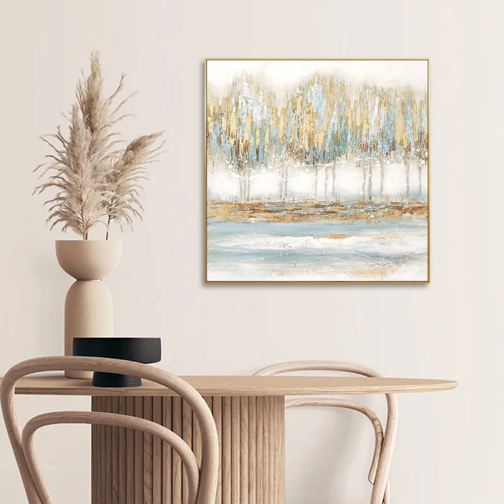 Grayson Lane Handpainted Canvas Wall Art Blue Landscape with Gold Wood and Gold Frame Classical Style Oil Medium