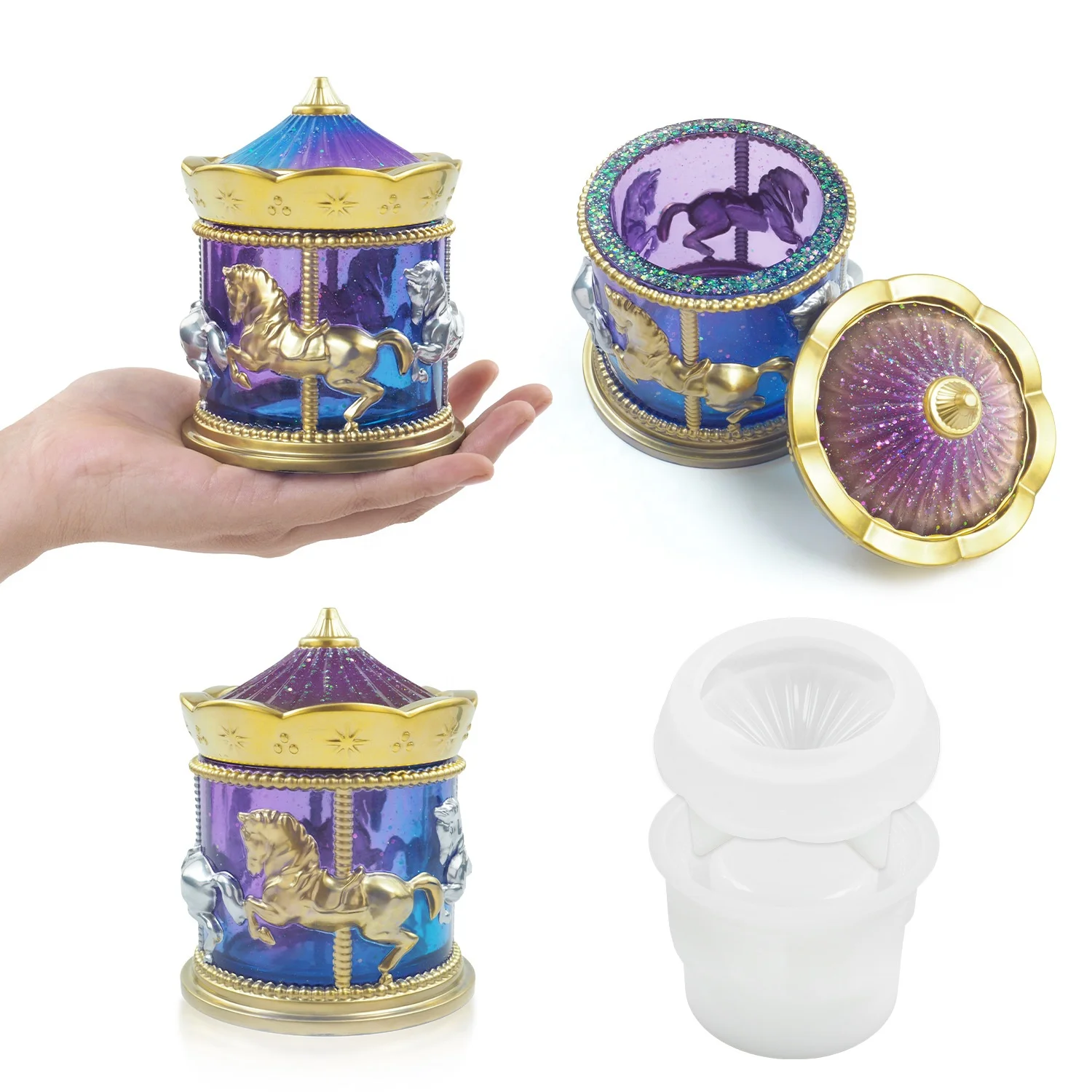 DM790 Carousel Horse Jar Mold Jewelry Storage Box Epoxy Resin Silicone Mold For cement concrete plaster