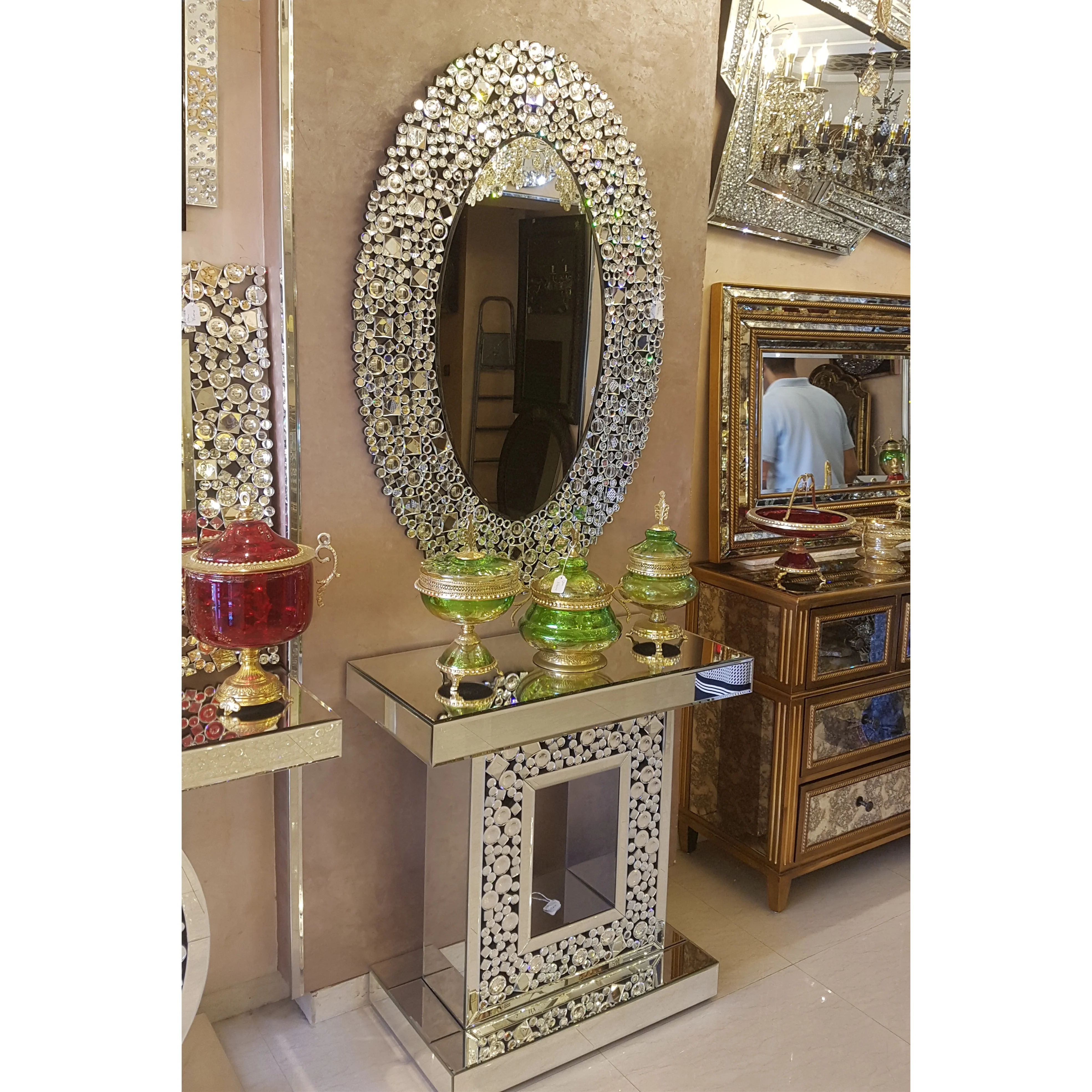 High end wholesale convex oval wall crystal mirror with console table