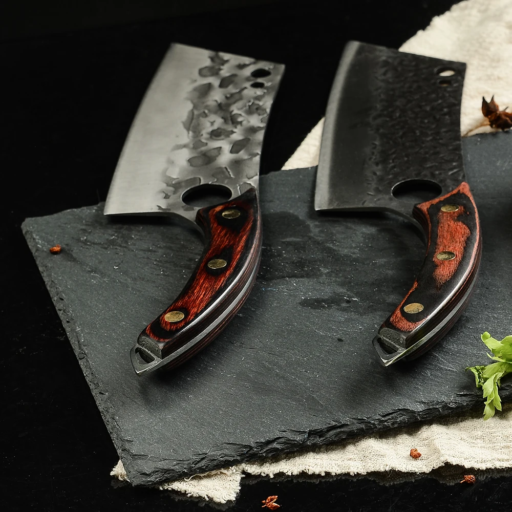 Xingye Custom 7.5 Inch Full Tang Wooden Handle Hammer Finish Non-stick Meat Cleaver Square Metal Chef Fruit Vegetable Knife