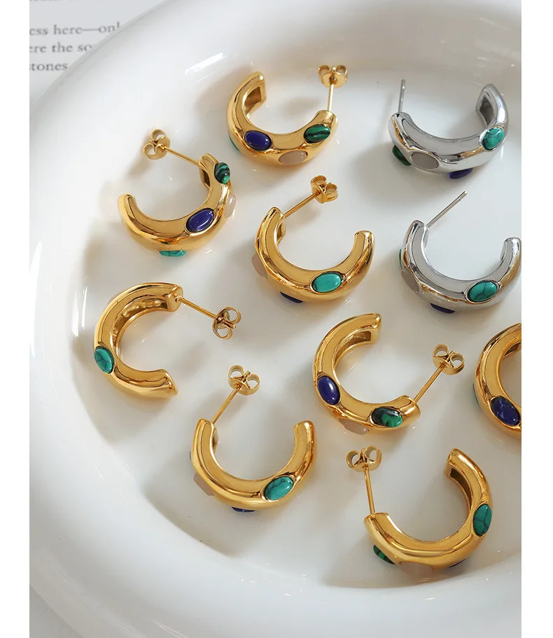 Hot Selling New Simple High-End Stud Earrings Opal Turquoise inlay C-shaped Earrings For Women