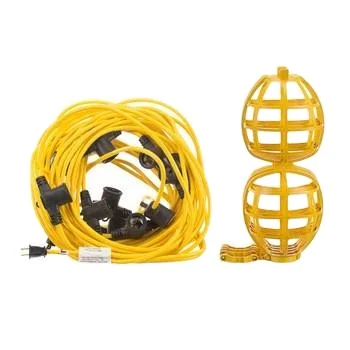 hot sale waterproof temporary work string light 2 cores string lights yellow plastic cage temporary light
