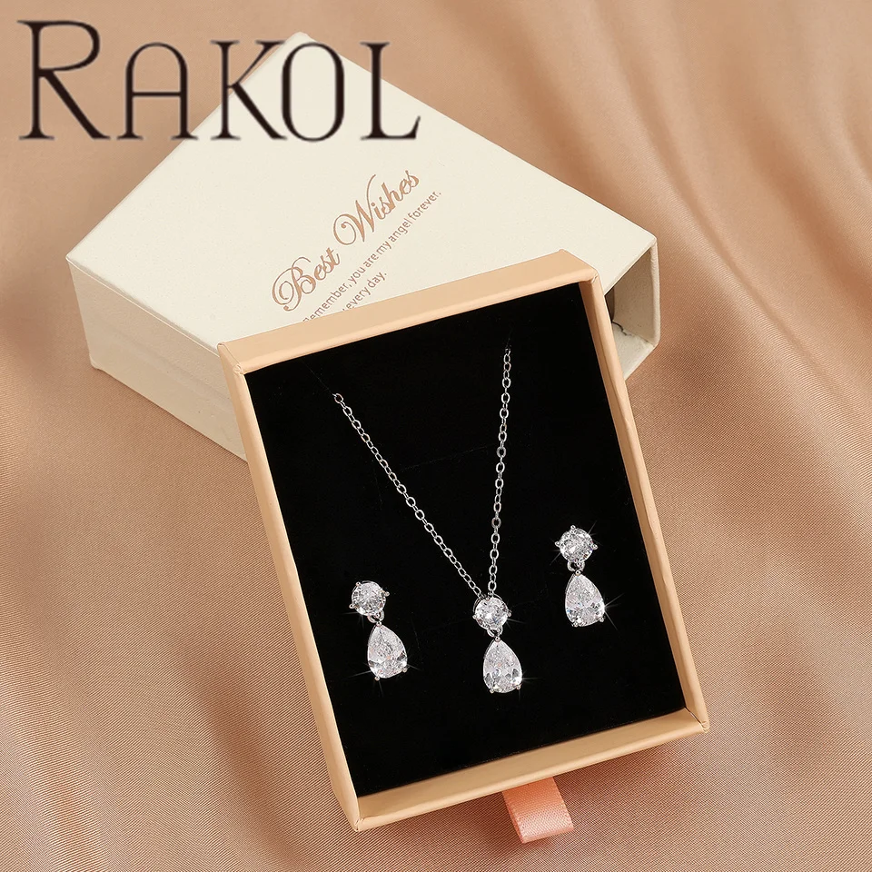 RAKOL SP272 Simple Teardrop Crystal Gemstone Zircon Chain Necklace Earrings Jewelry Set