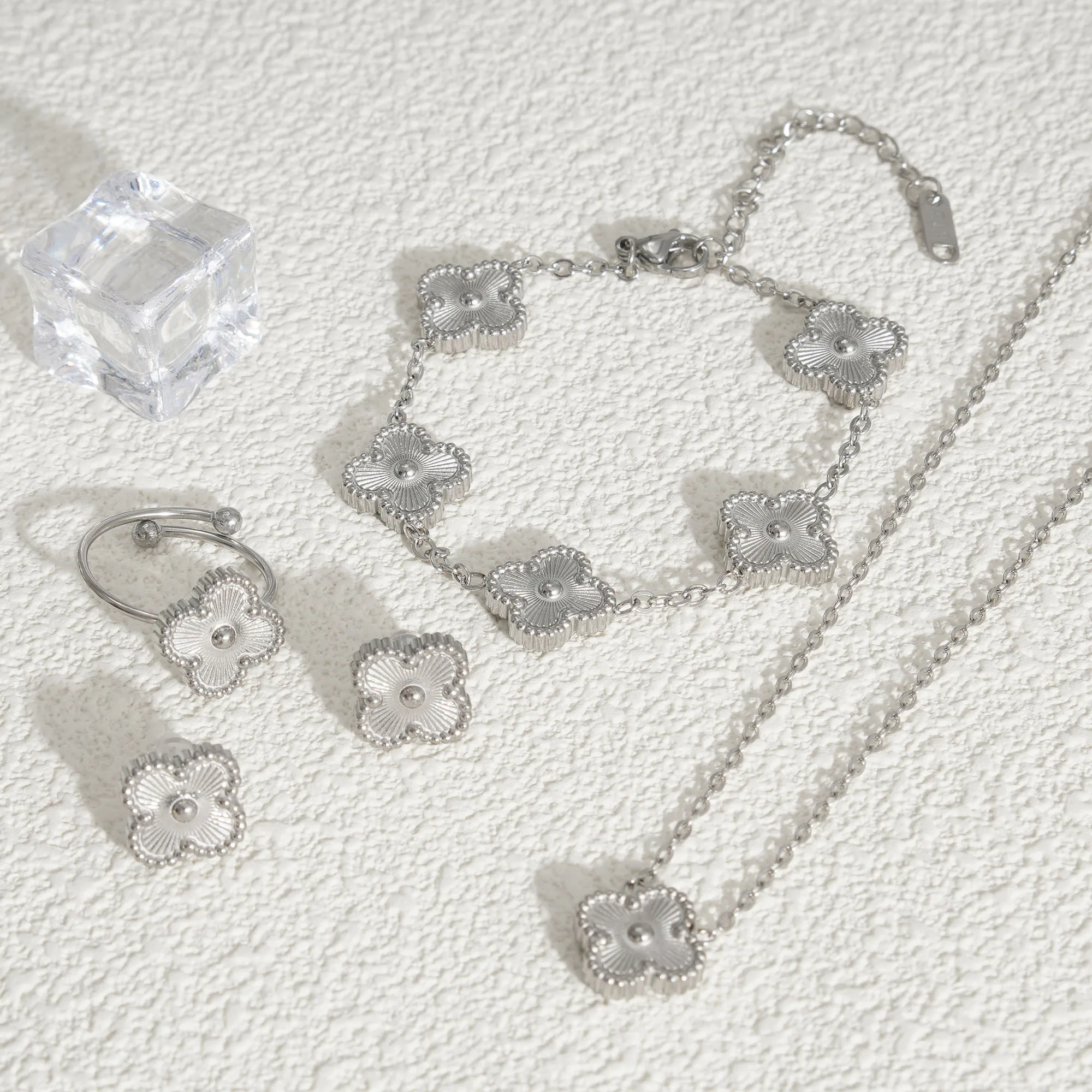 Lucky Ring Earrings Necklace Bracelet 4 Leaf Clover Sets Stainless Steel Gold Four Leaf Clover Jewelry Set