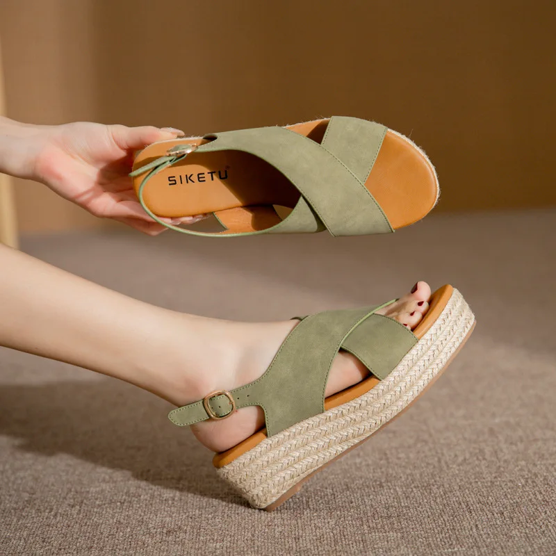 Fashion Crossover Wedge Heel Braided Hemp Rope Daily Comfort Platform Casual Sandals For Female