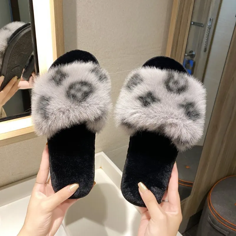 Wholesale Warm Soft Bedroom Shoes Women Men Plush Cotton Couple Cute House sandals Anti-slip Slippers Leopard print fur slippers