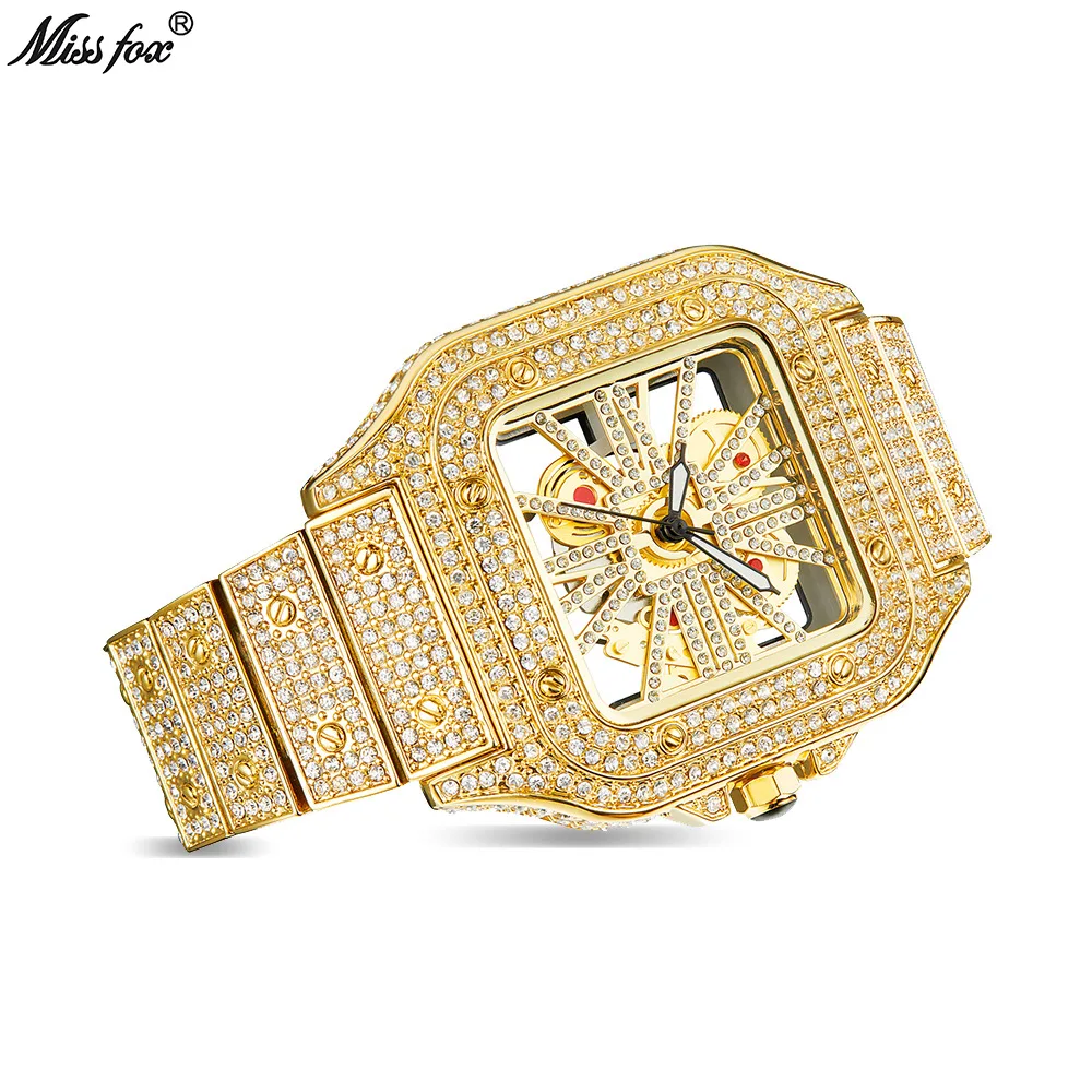 New trendy design double-sided transparent hollow out diamond hip-hop Japanese quartz movement missfox watches for men party