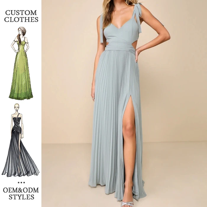 2024 Summer Temperament Green V Neck Pleated Backless Maxi Dress Slip Hollow Out Side Slit Dress Evening Dress For Party