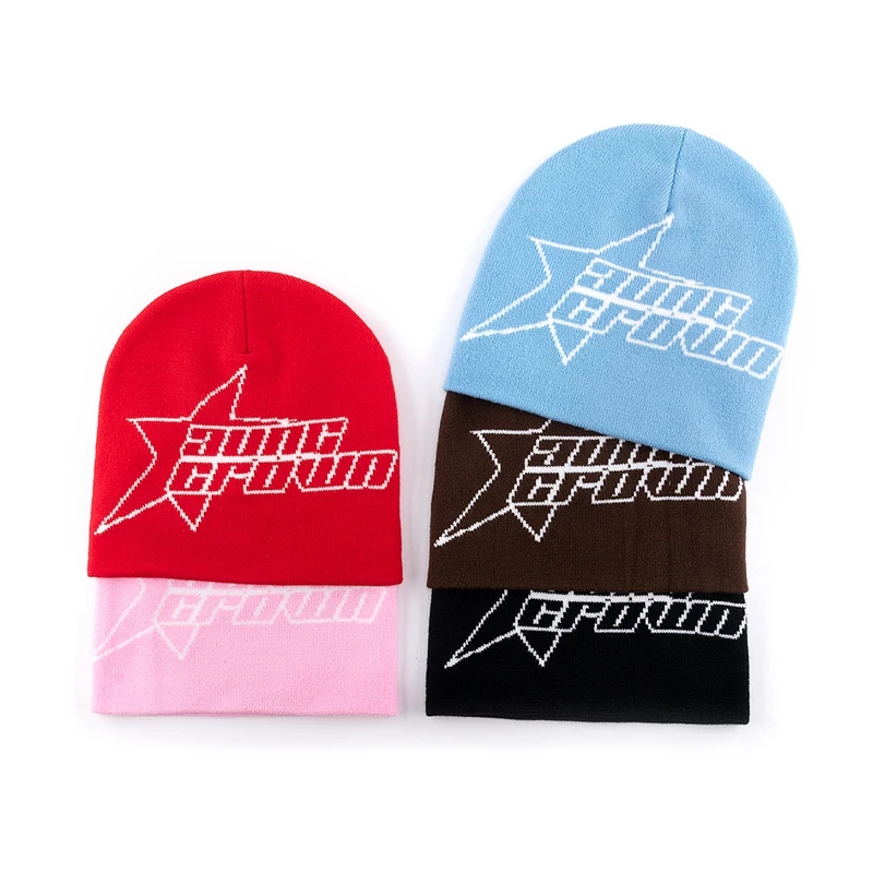 Customized stretchable rib knit fabric 100% Acrylic beanies hats all over logo knitted jacquard winter skull beanie caps