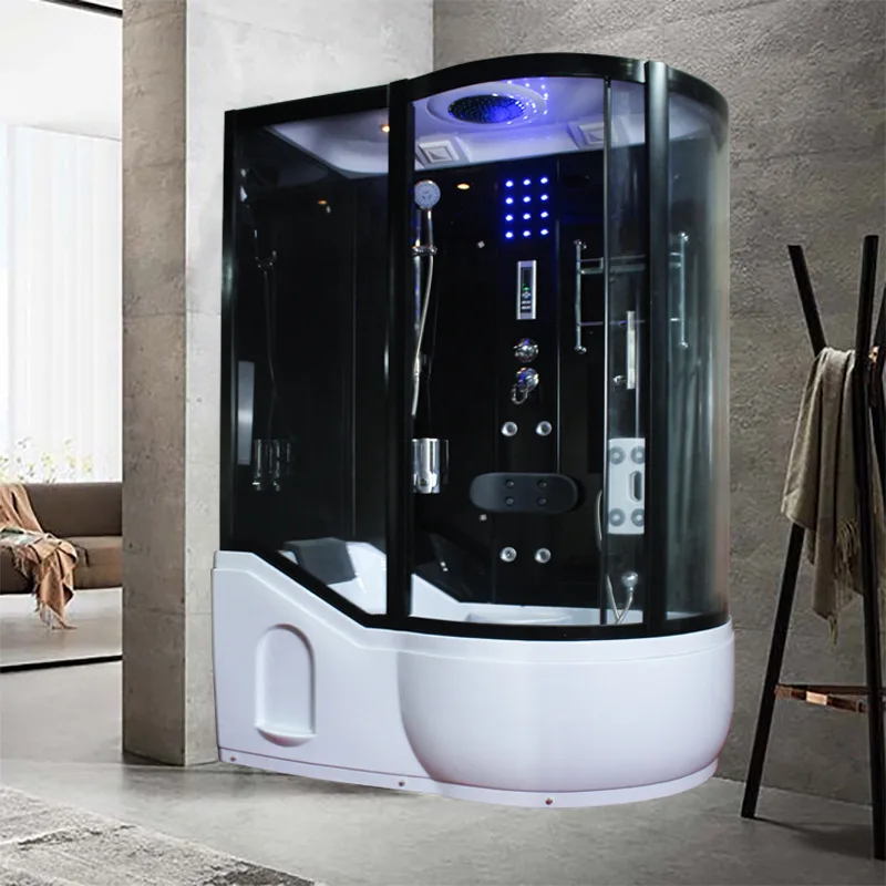 European Hotel Bathroom Computer Controlled Hydro Massage Black Corner Steam Bath Shower Room Cabin