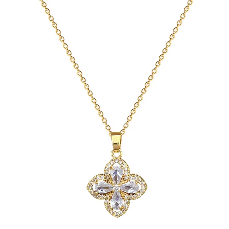 High Quality Jewelry 4 Four Leaf Clover Flower Austria Crystal Earring Stainless Steel 18K Gold Plated Kundan Jewelry Set Indian
