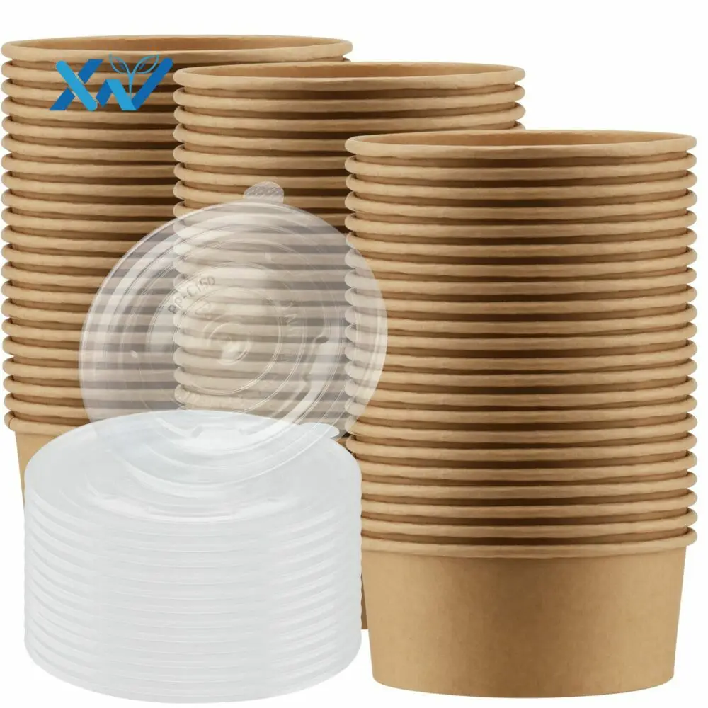 Eco-friendly Disposable Take Away Kraft Paper Salad Bowl Customized Kraft Paper Bowl with PET lid
