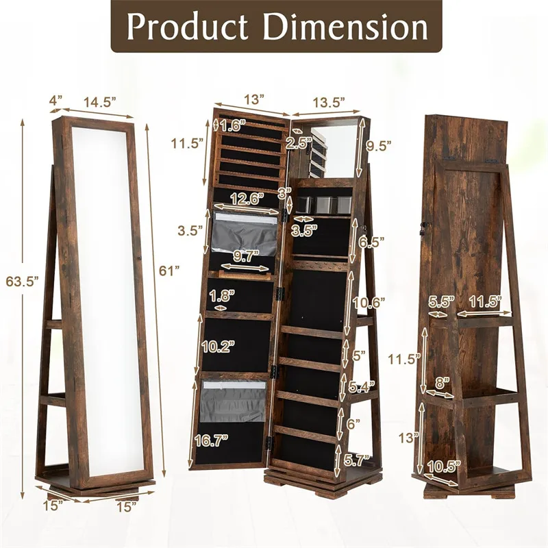 Antique Stand Alone Rotating Jewelry Storage Armoire Cabinet Organizer With Full Length Mirror 360 Swivel