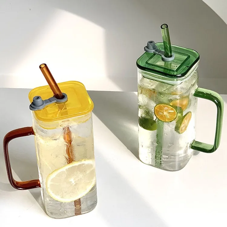 High Borosilicate Heat Resistant Juice Coffee Drink glass square cup with plastic lid and straw