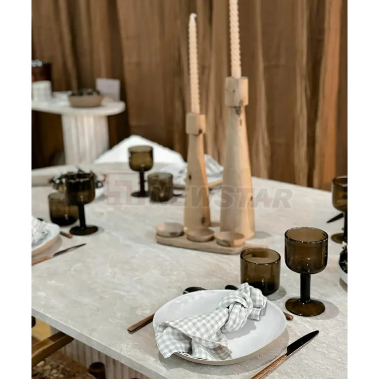 Newstar Simple Style Customized Dining Table Beige Travertine Oval Dining Table Round Marble Dining Room Table