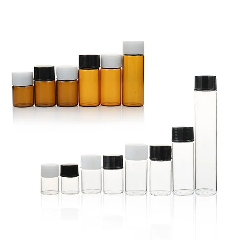 1ml 2ml 3ml 5ml 10ml Amber Clear Sample Test Glass Cosmetic Vials with Black Lids for Essential Oil