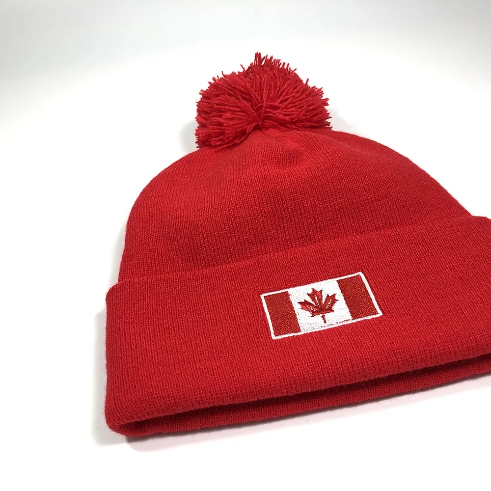 OEM popular classic fashion acrylic red colorful unisex pompom warm winter knit hat custom embroidery logo design Canada toque