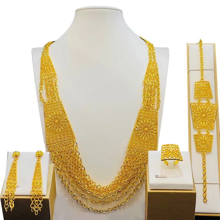 Saudi Ladies Wedding Dinner Party Necklace Saudi Bracelet Dubai Jewelry  Dainty Hoop Long  Earrings