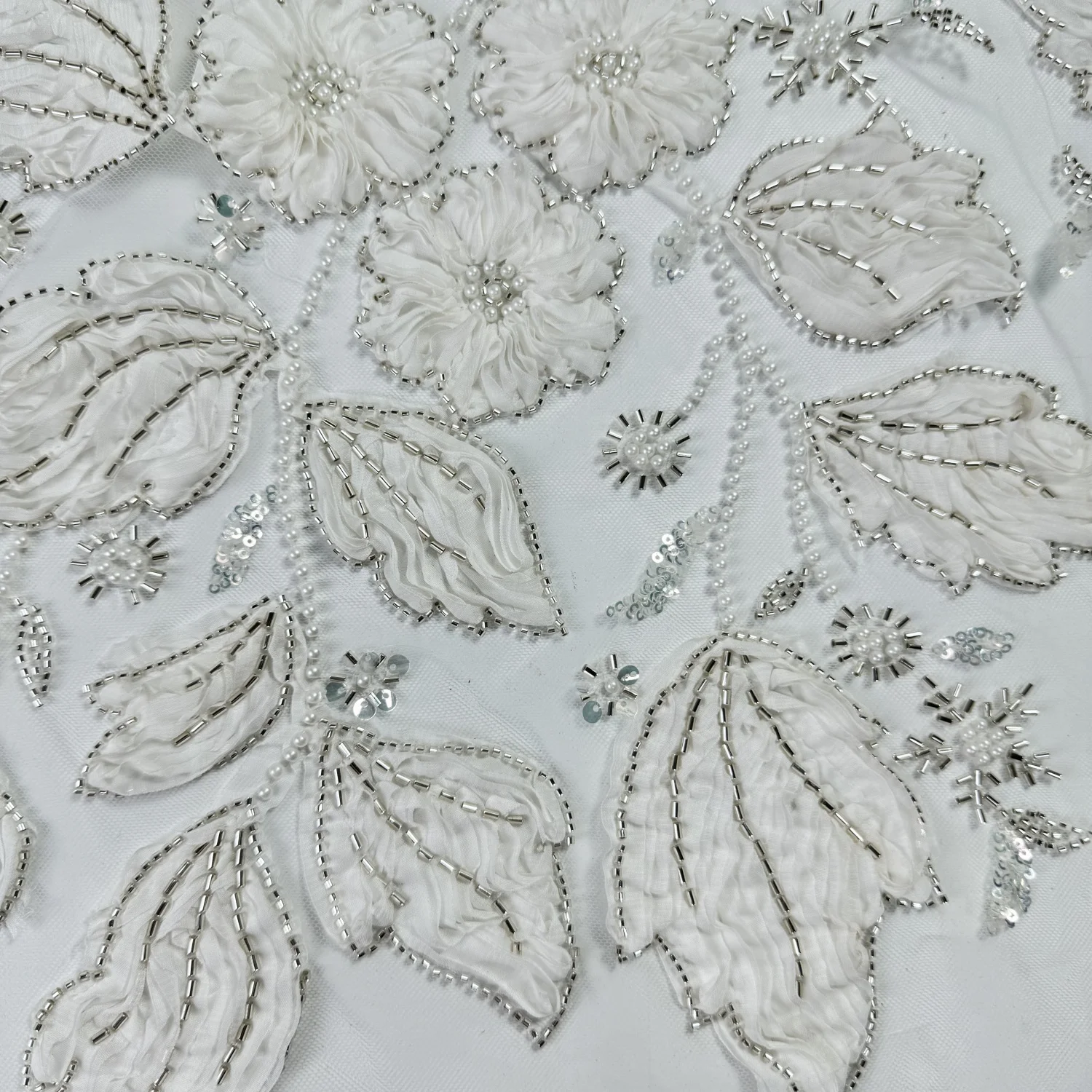 LH High Quality Flower Rope 3D Beaded Pearl Lace Fabric Bridal Stage Glitter Sequin Embroidered Fabric For Wedding Dress