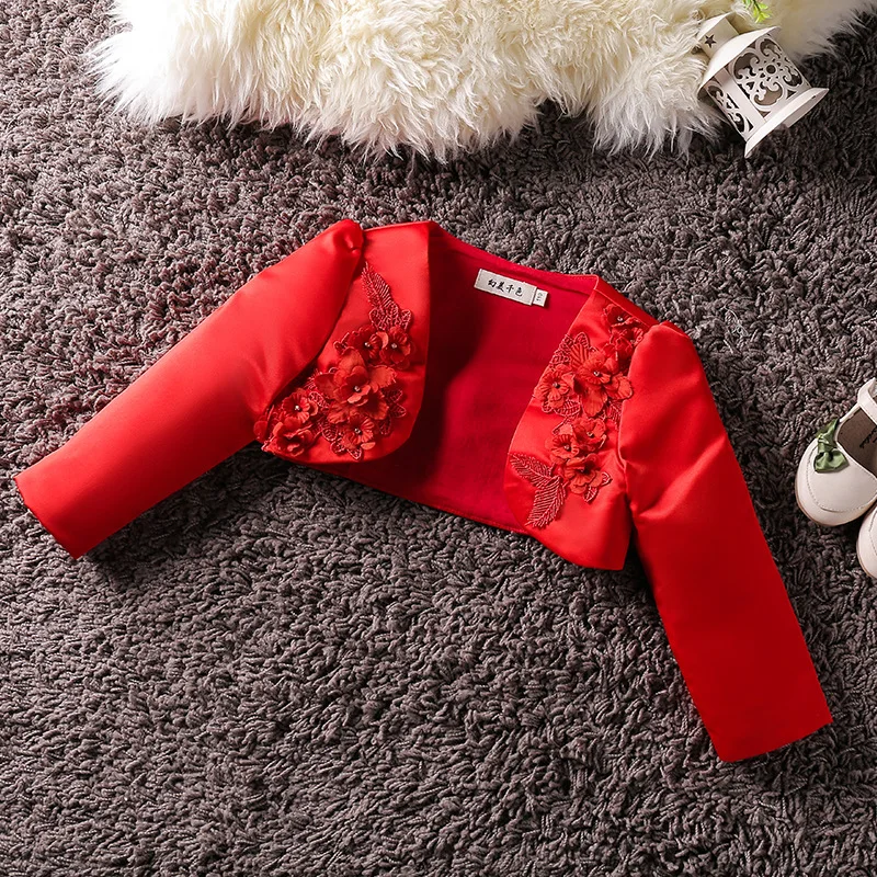ge flower girl  red white embroidered cardigan kid wedding party  cloak  bridal shawl bolero