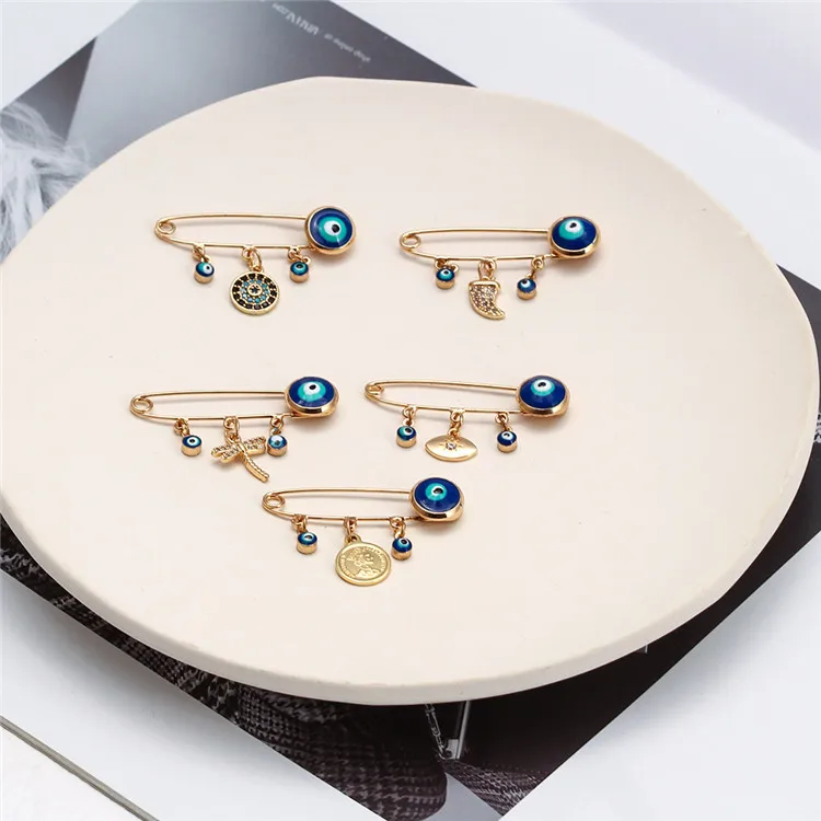 2022 позолоченная индейка эмаль синий глаз Фатима масляные капли шармы сглаза брошь