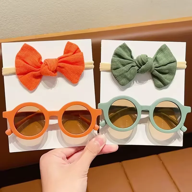 Low Price 2pcs/set Sunglasses With Elastic Hair Bands Nylon Baby Headband Design Round Sun Glasses Kids Puff Bow Headwear