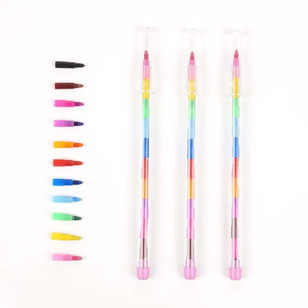 Art Drawing Stationery Plastic 12 Colors Block Shape Stackable Crayons Set With Custom Logo