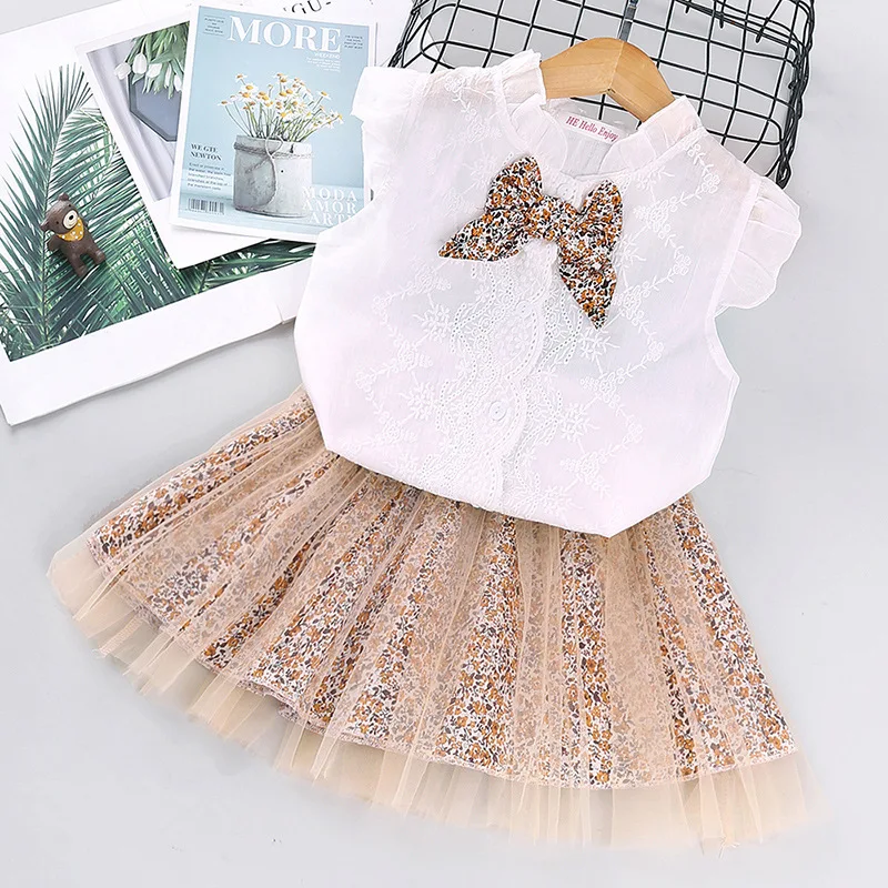 Hao Baby 2022 Summer Models Children Girls Boutique Clothing Sets Short-Sleeved Suit Kid Bow Knit Short Skirt Two-Piece Set