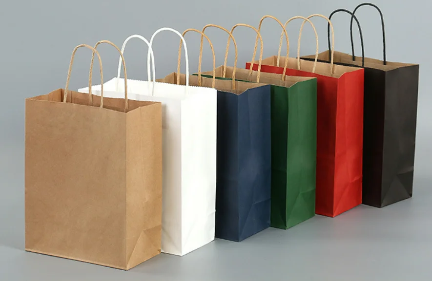 Customized Brown Recyclable Kraft Paper Bag Fast Food Take Away Twisted Handle Shopping Bag