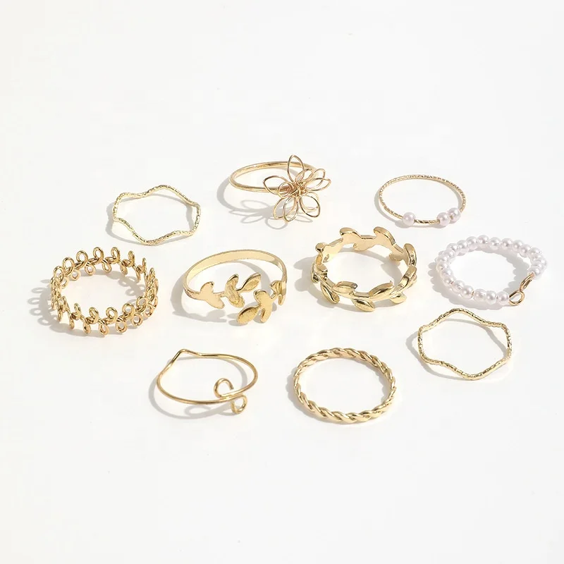 Bohemian Gold Color Flower Ring Set 10 pc Hollow Butterfly Pearl Heart Geometric Rings Finger Simple Jewelry Set