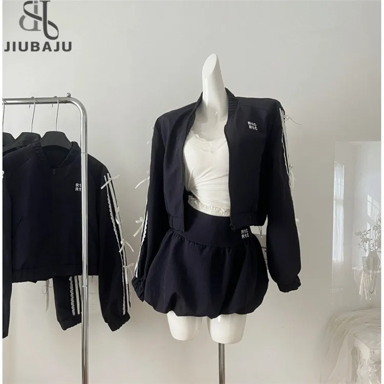 Autumn France Sporty Loose 2 Piece Set Women Vintage Fashion Bow Long Sleeve O Neck Overcoat + High Waist Short Skirt Suit