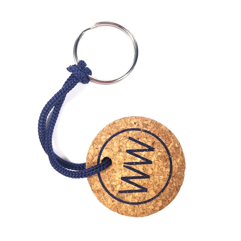 Colorful Holder Black Print 50mm Wholesale Manufacture Logo Nature Cycle key ring holder round keychain cork and metal keychain